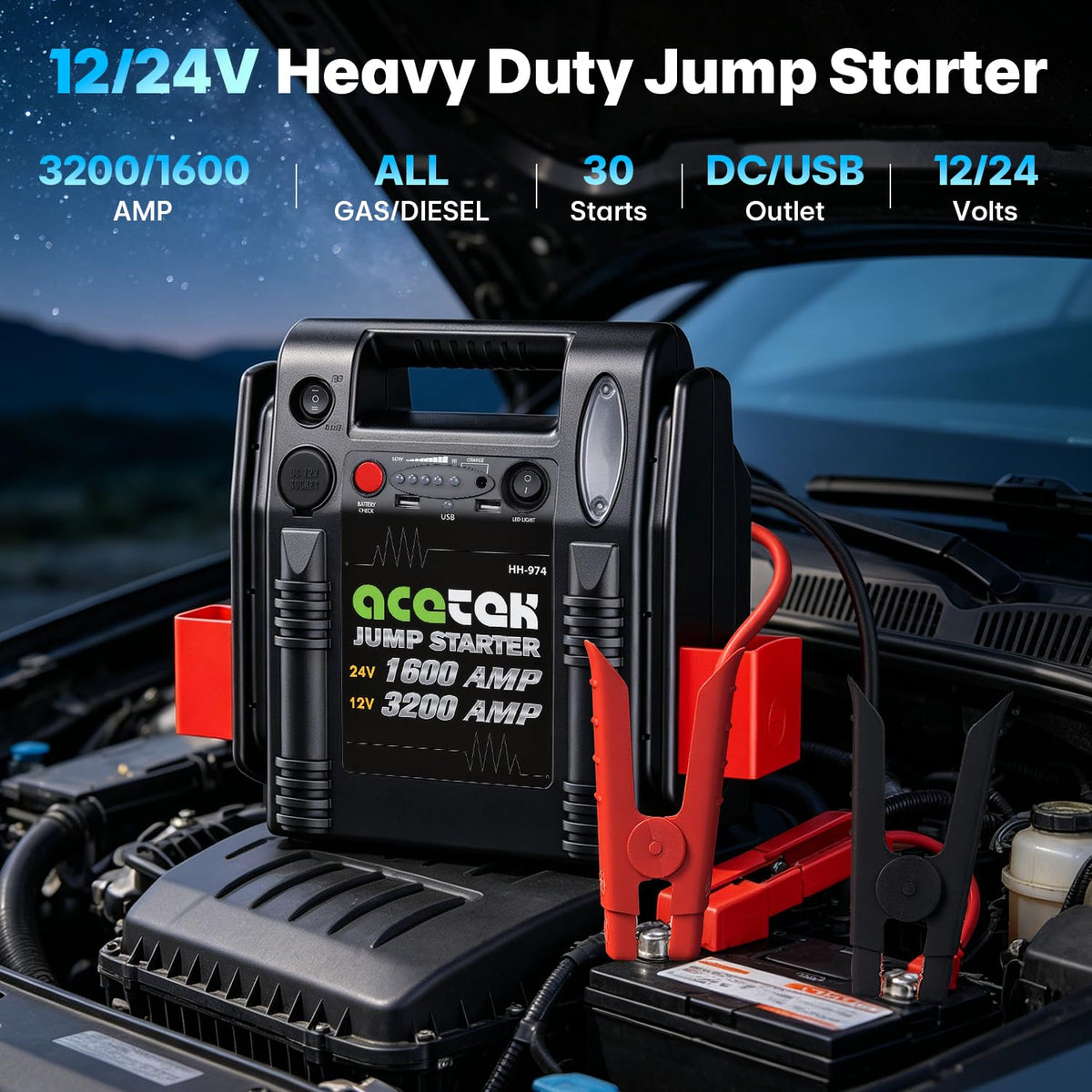 24V / 12V 1600/3200 Peak Amp Heavy Duty Jump Starter with USB and DC Output D847725