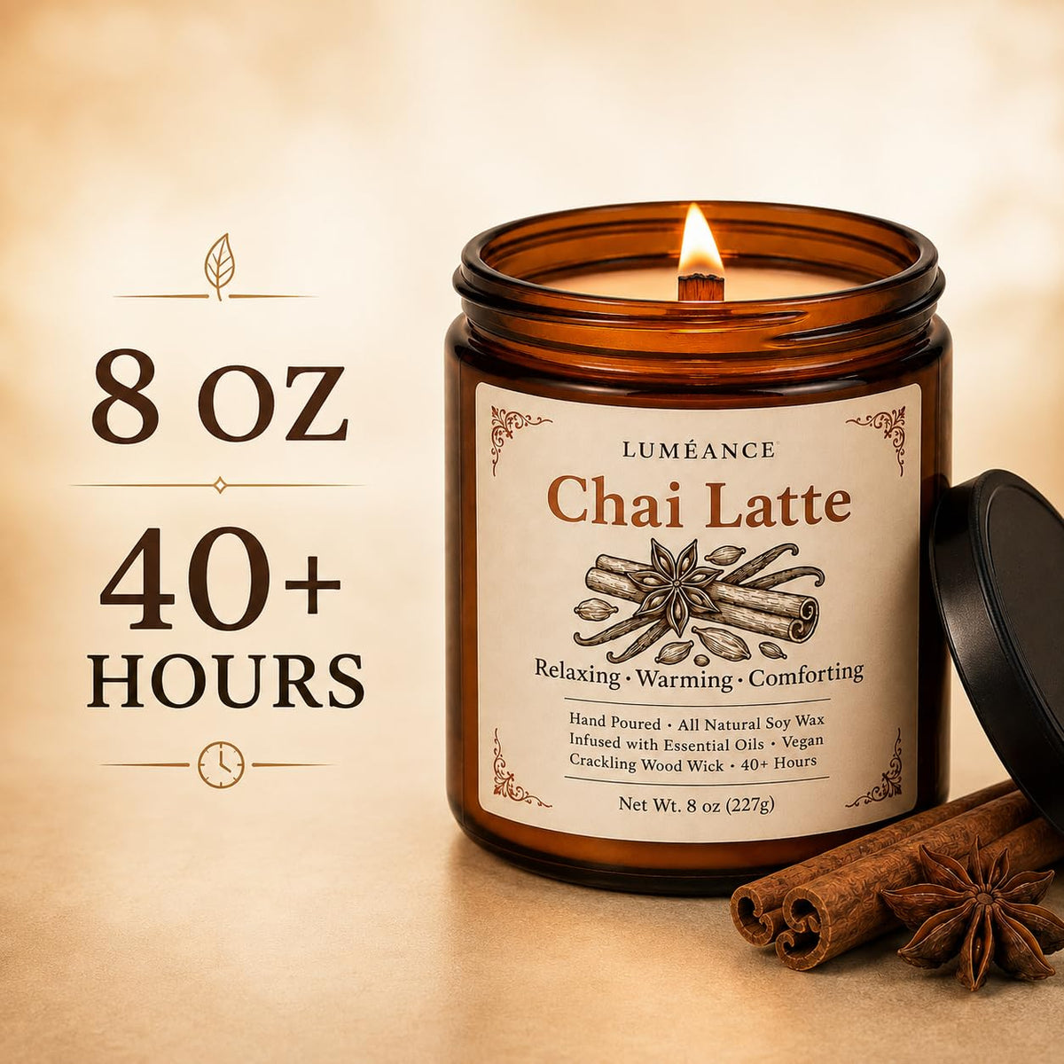 Chai Latte Scented Candle, 8 oz, Soy Wax, Crackling Wood Wick P7861