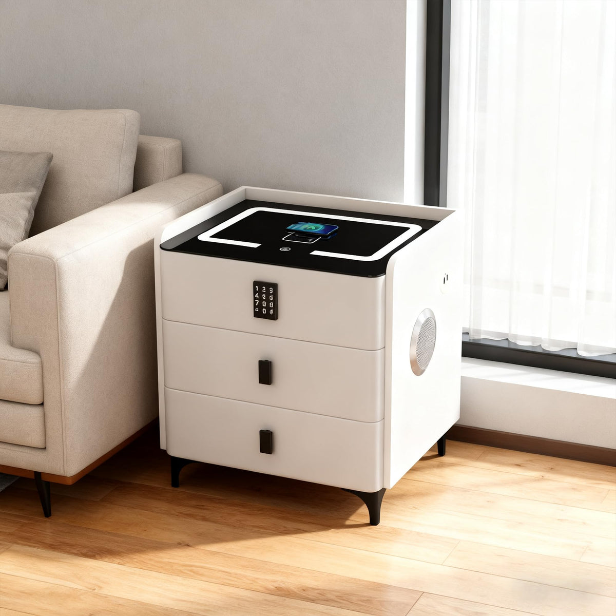 White Nightstand with Charging Station and LED Lights H586