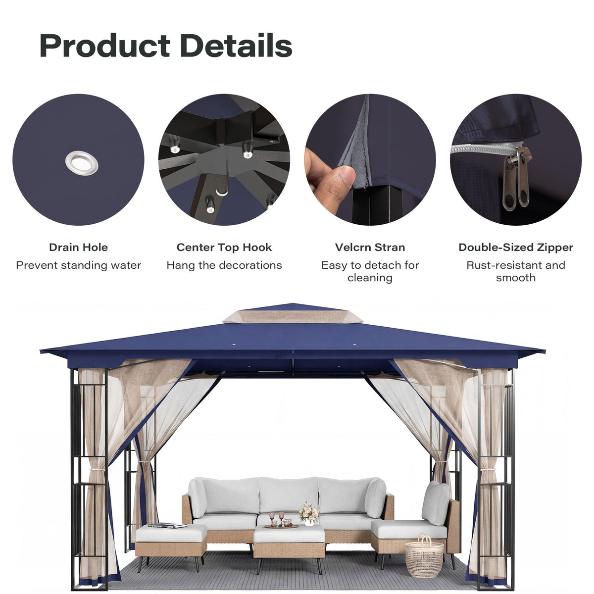 13' x 11' Navy Blue Outdoor Patio Gazebo with Mosquito Netting E967430