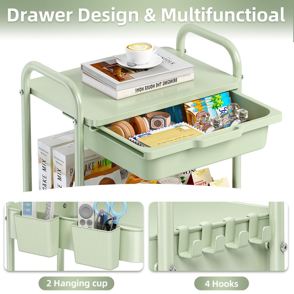 3 Tier Metal Rolling Cart with Drawer W200