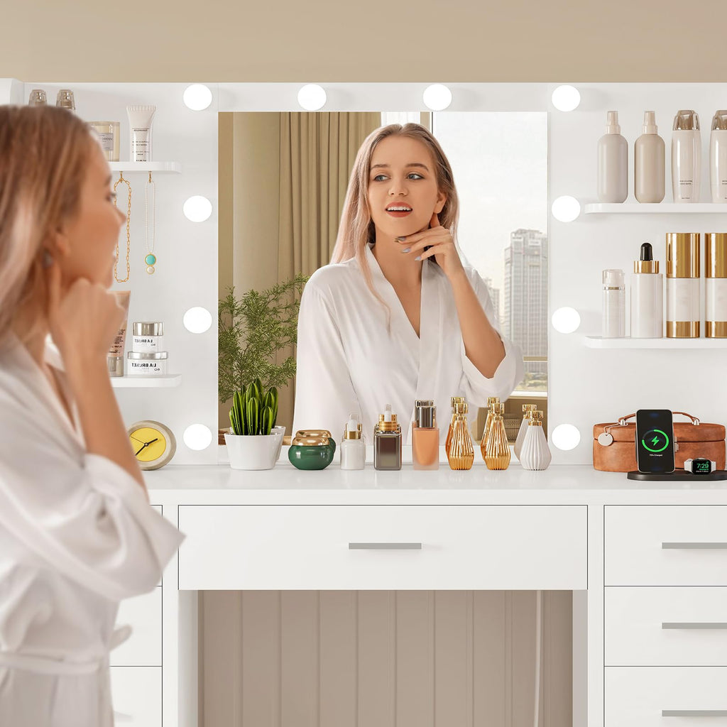 White Vanity Desk with Mirror and Lights E792076