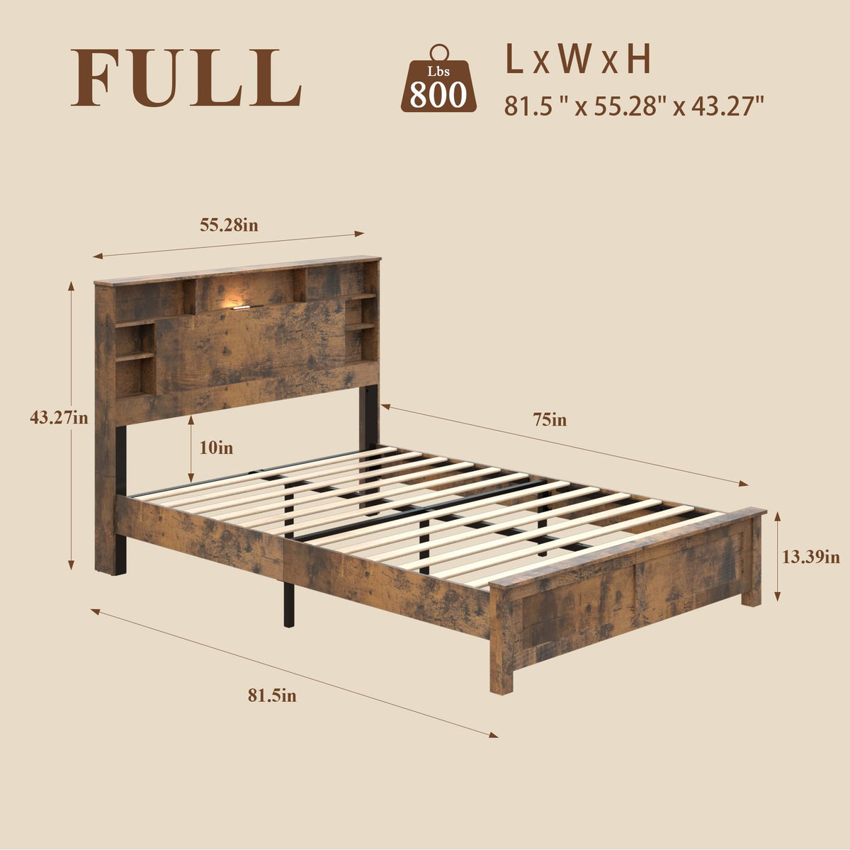Full Size Storage Headboard Charging Station LED Platform Bed Frame G7578
