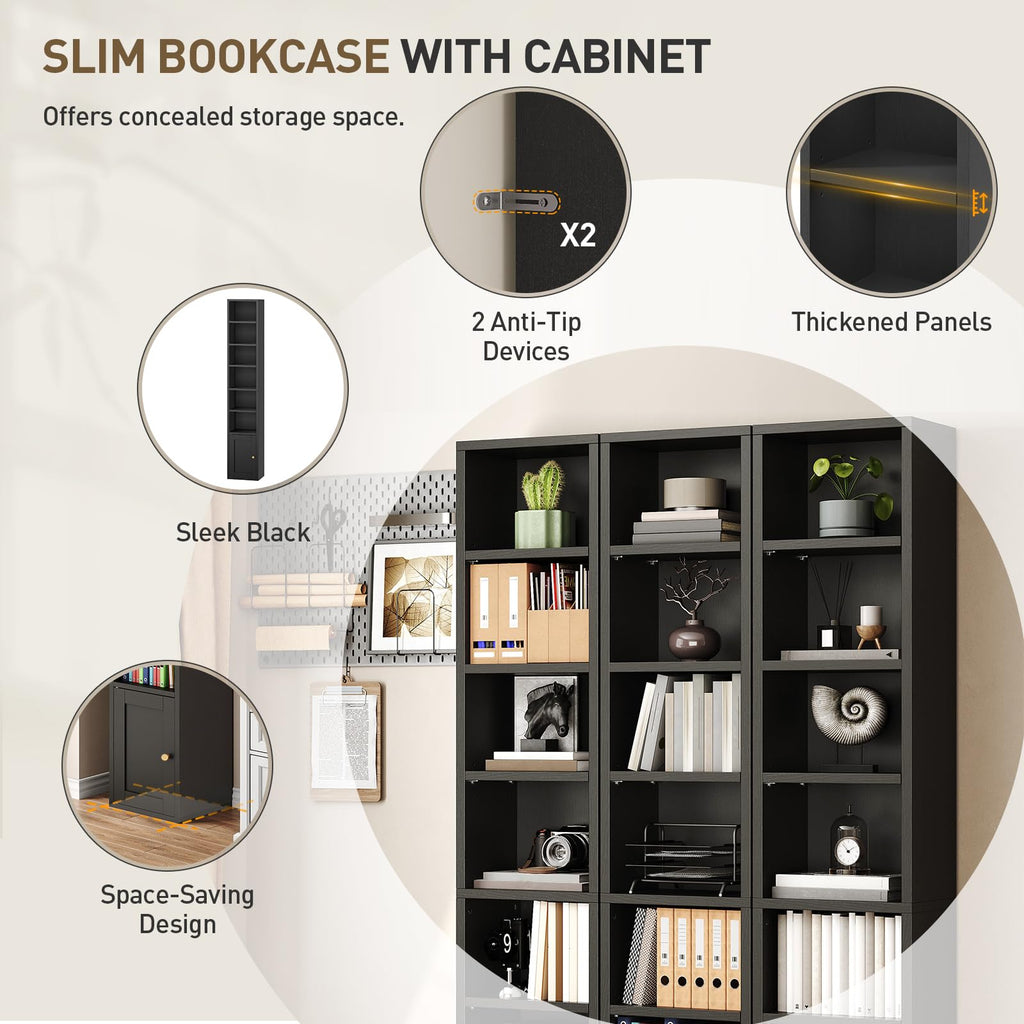 7-Tier Narrow Bookshelf with Door and Storage Cabinet, Black A32331