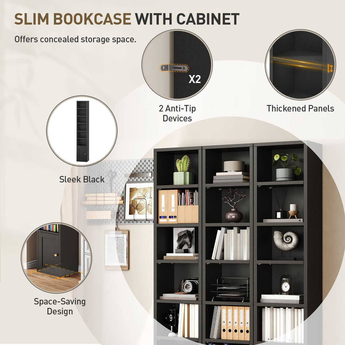 7-Tier Narrow Bookshelf with Door and Storage Cabinet, Black A32331