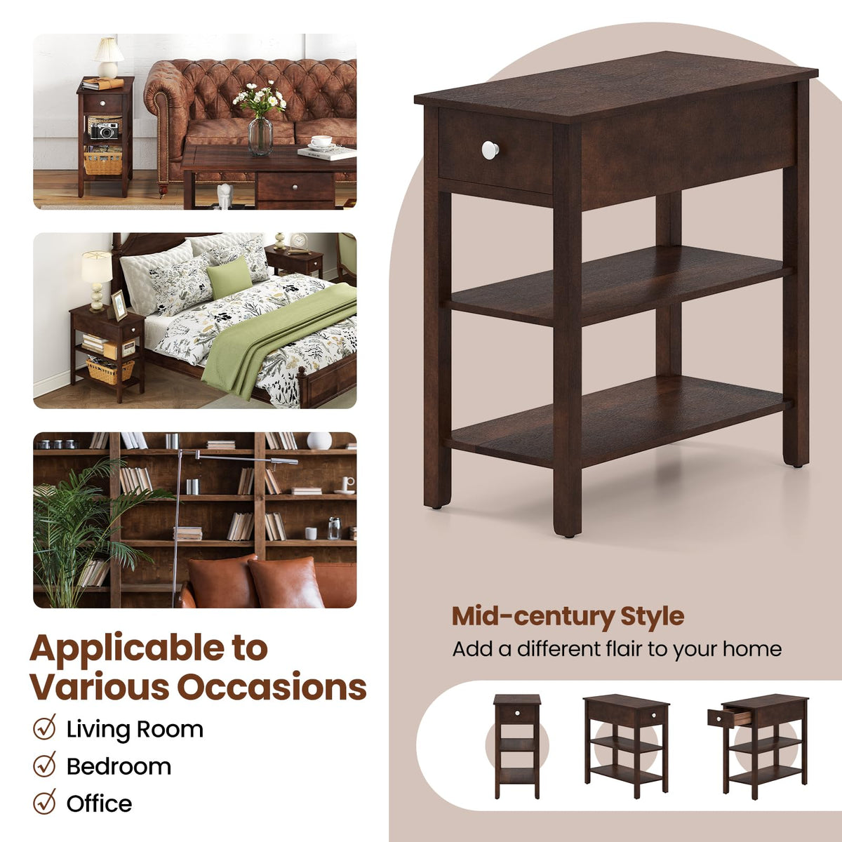 Narrow End Table Set of 2 Wood 3-Tier G769