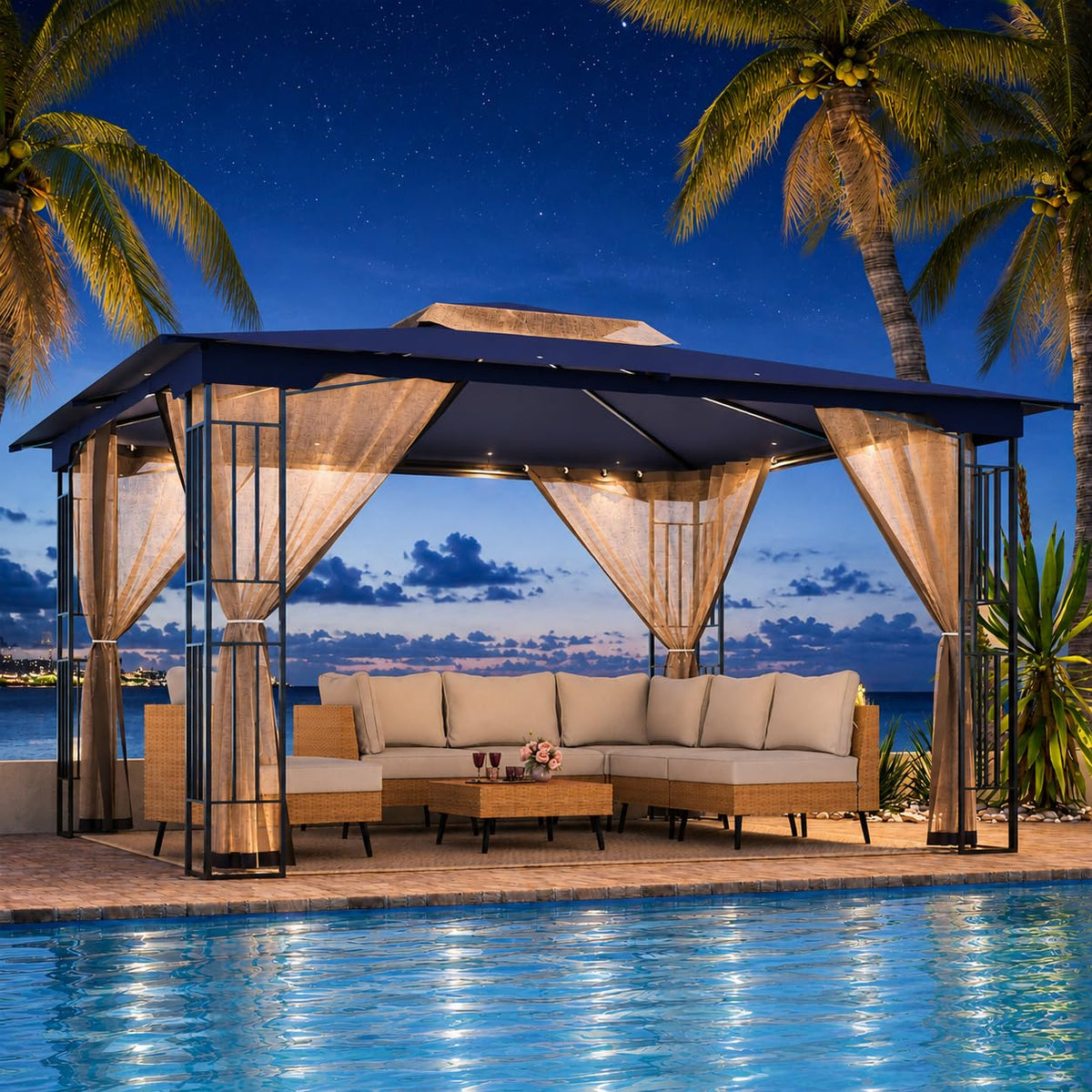 13' x 11' Navy Blue Outdoor Patio Gazebo with Mosquito Netting E967430