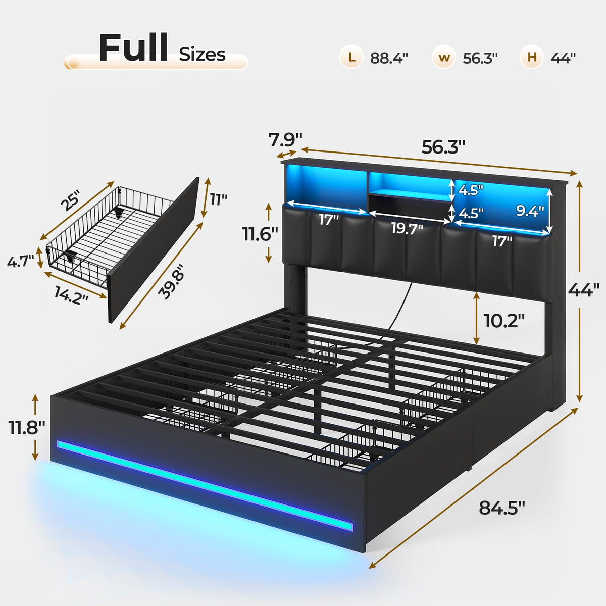 Black Full Size Wood Bed Frame with Bookcase Headboard and 4 Storage Drawers H54709