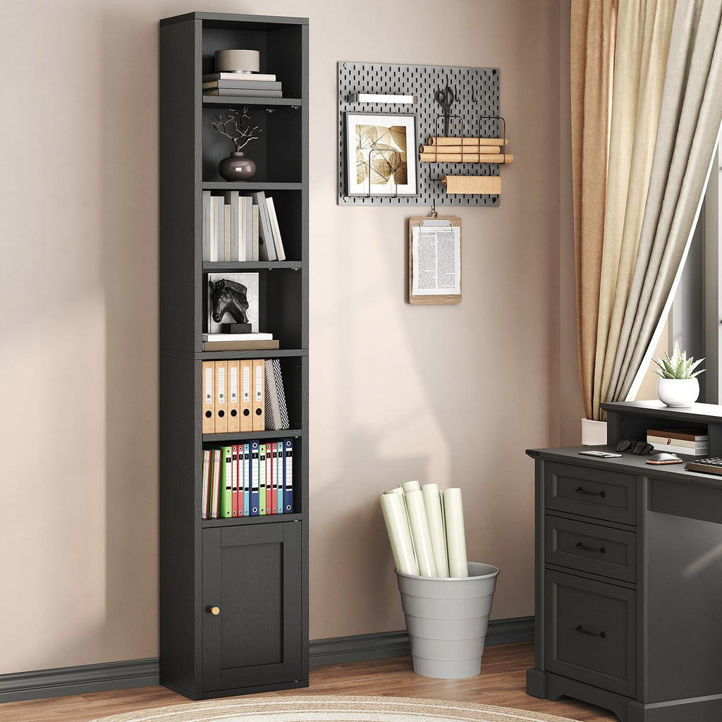 7-Tier Narrow Bookshelf with Door and Storage Cabinet, Black A32331