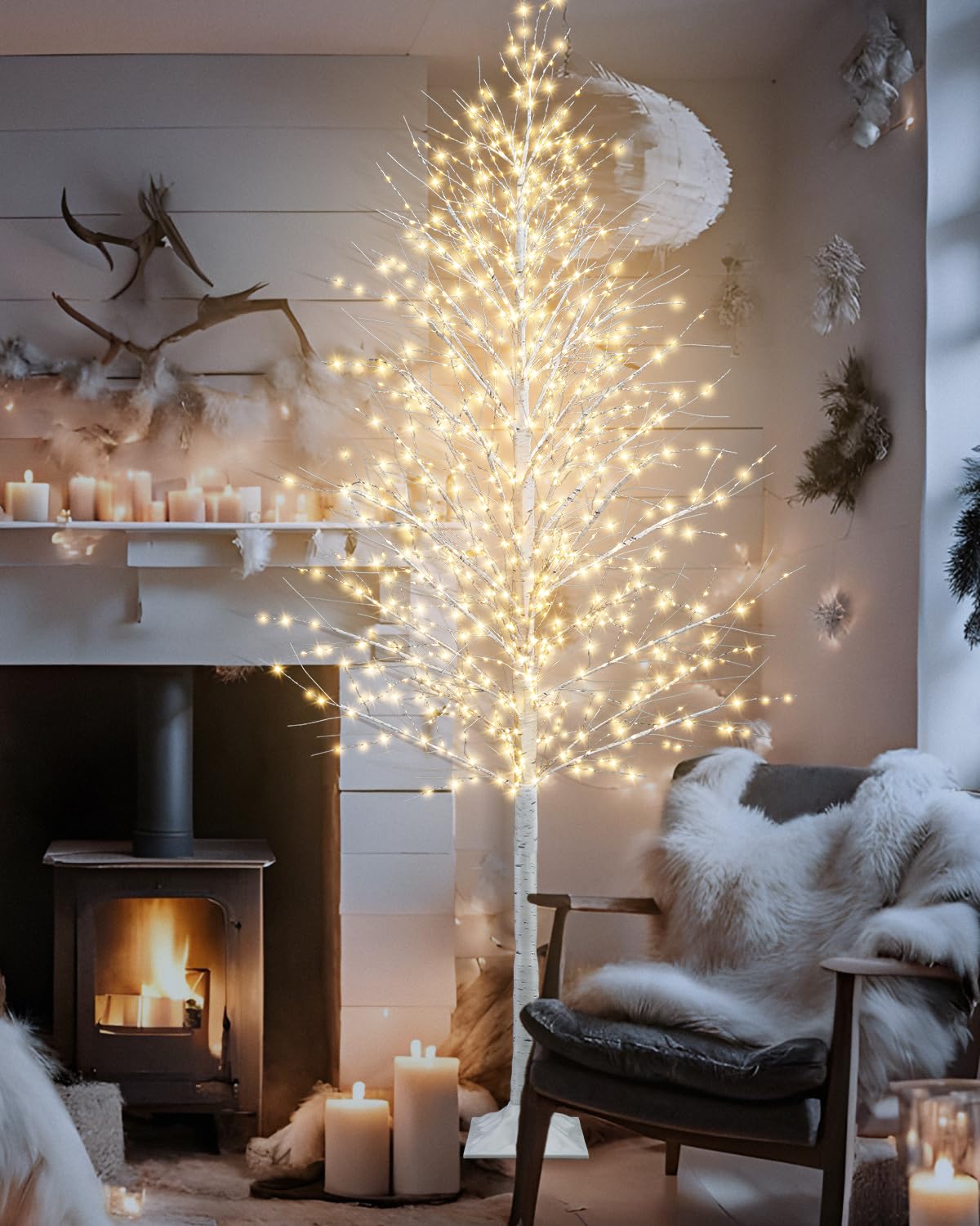 8FT Lighted White Artificial Christmas Twig Tree with 1440 Warm White LEDs R7154