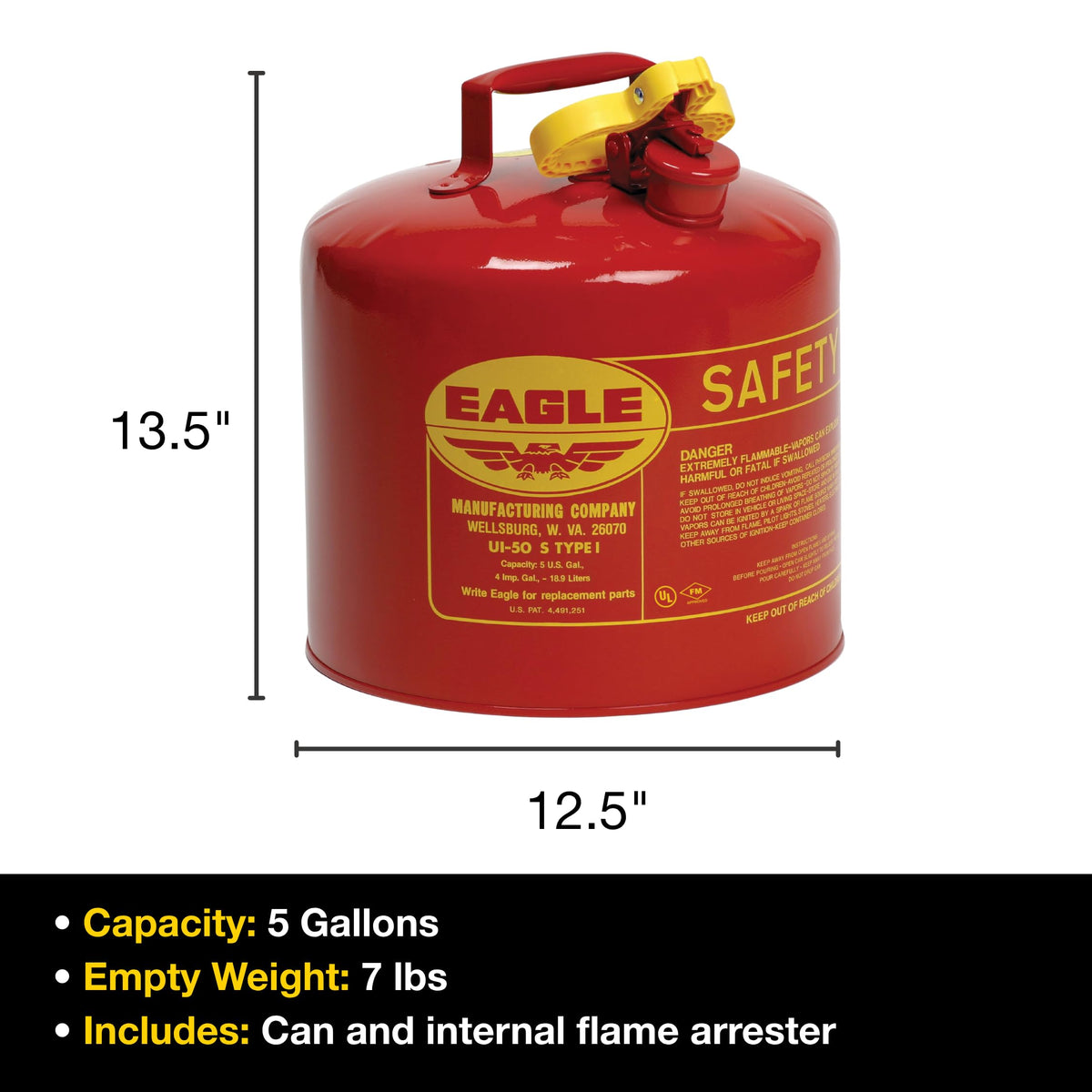 5 Gallon Type I Red Safety Gas Can S25926