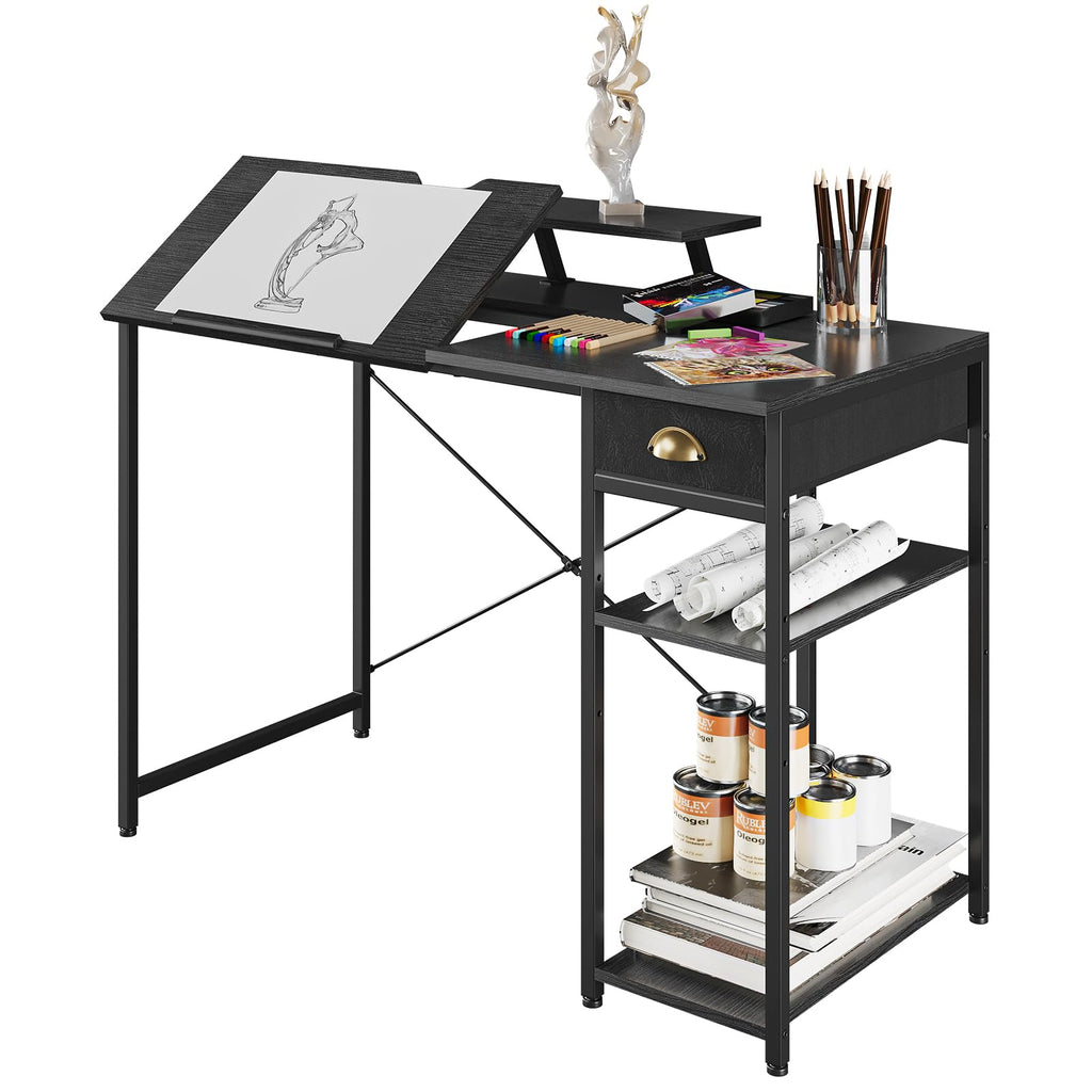 Black Adjustable Drafting Table with Storage Shelves & Drawer M32472