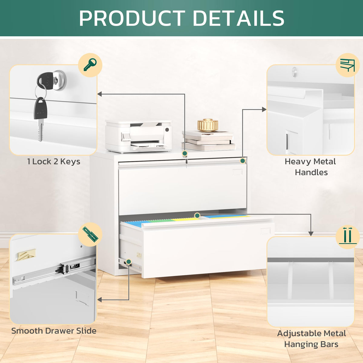White 2 Drawer Metal File Cabinet with Lock W881