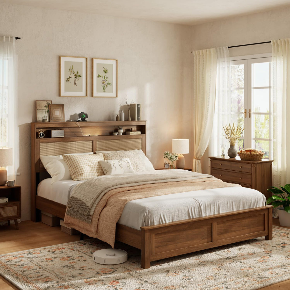 Brown Queen Wood Bed Frame with Storage Headboard D606144