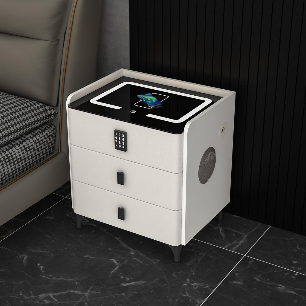 White Nightstand with Charging Station and LED Lights H586