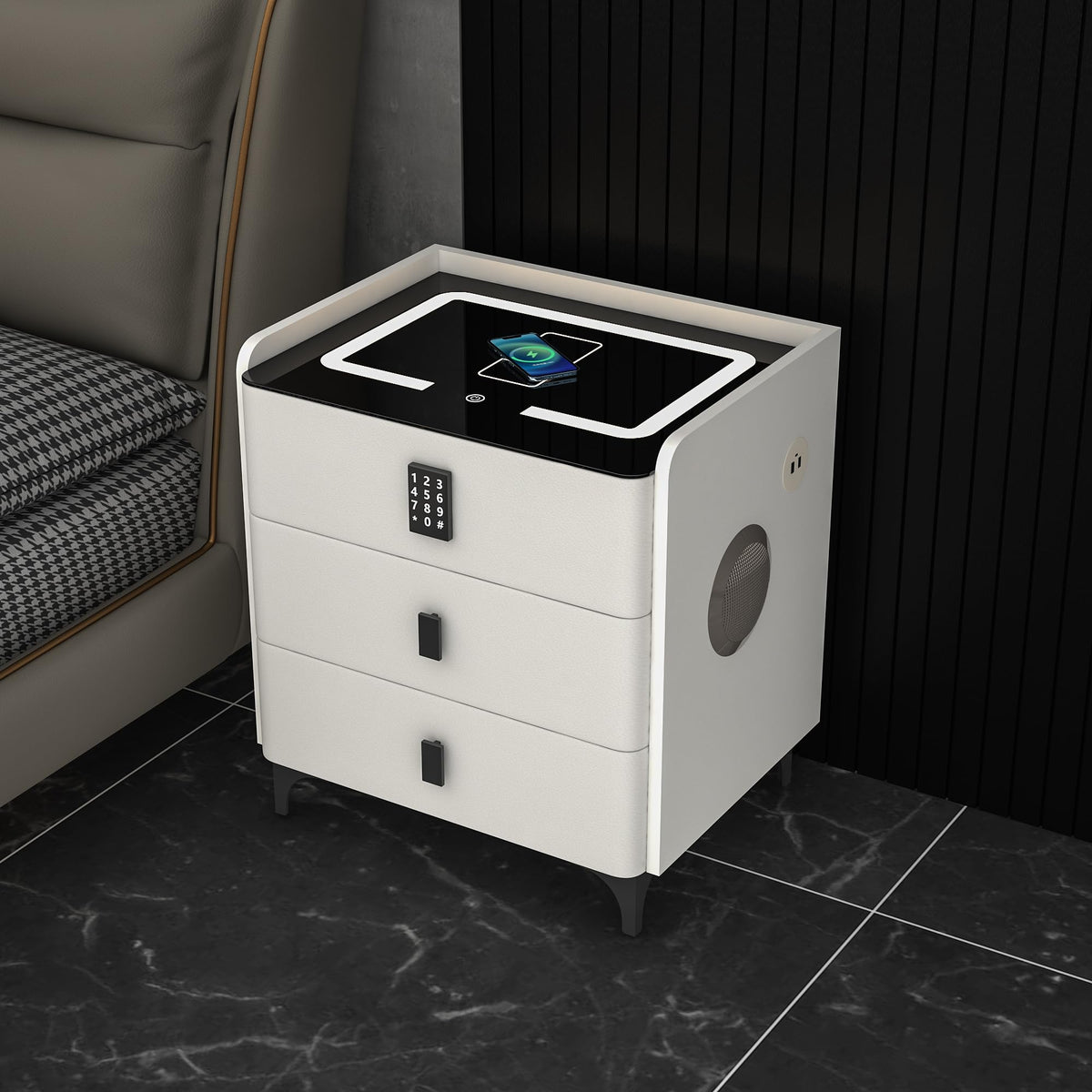 White Nightstand with Charging Station and LED Lights H586