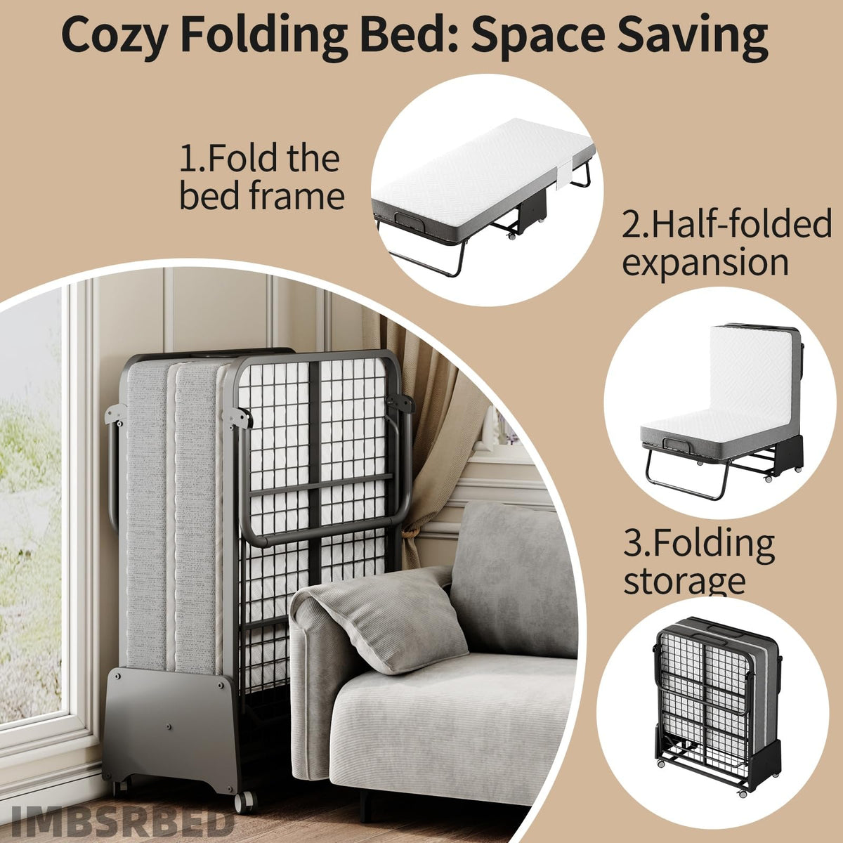 Folding Bed with 5-inch Memory Foam Mattress and Metal Frame P990486