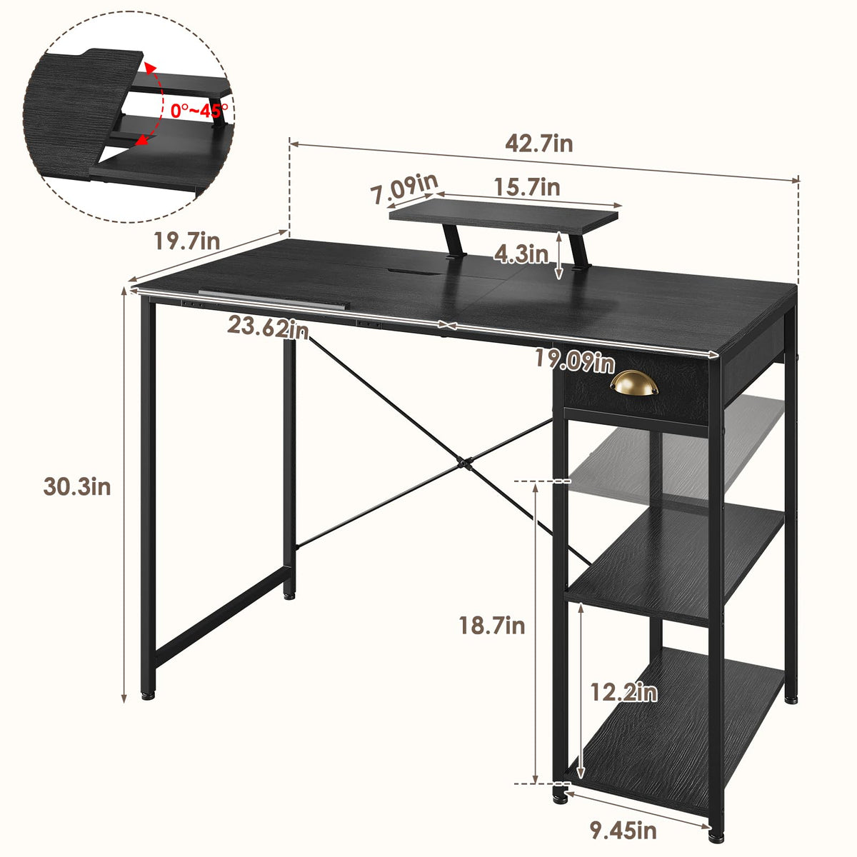 Black Adjustable Drafting Table with Storage Shelves & Drawer M32472