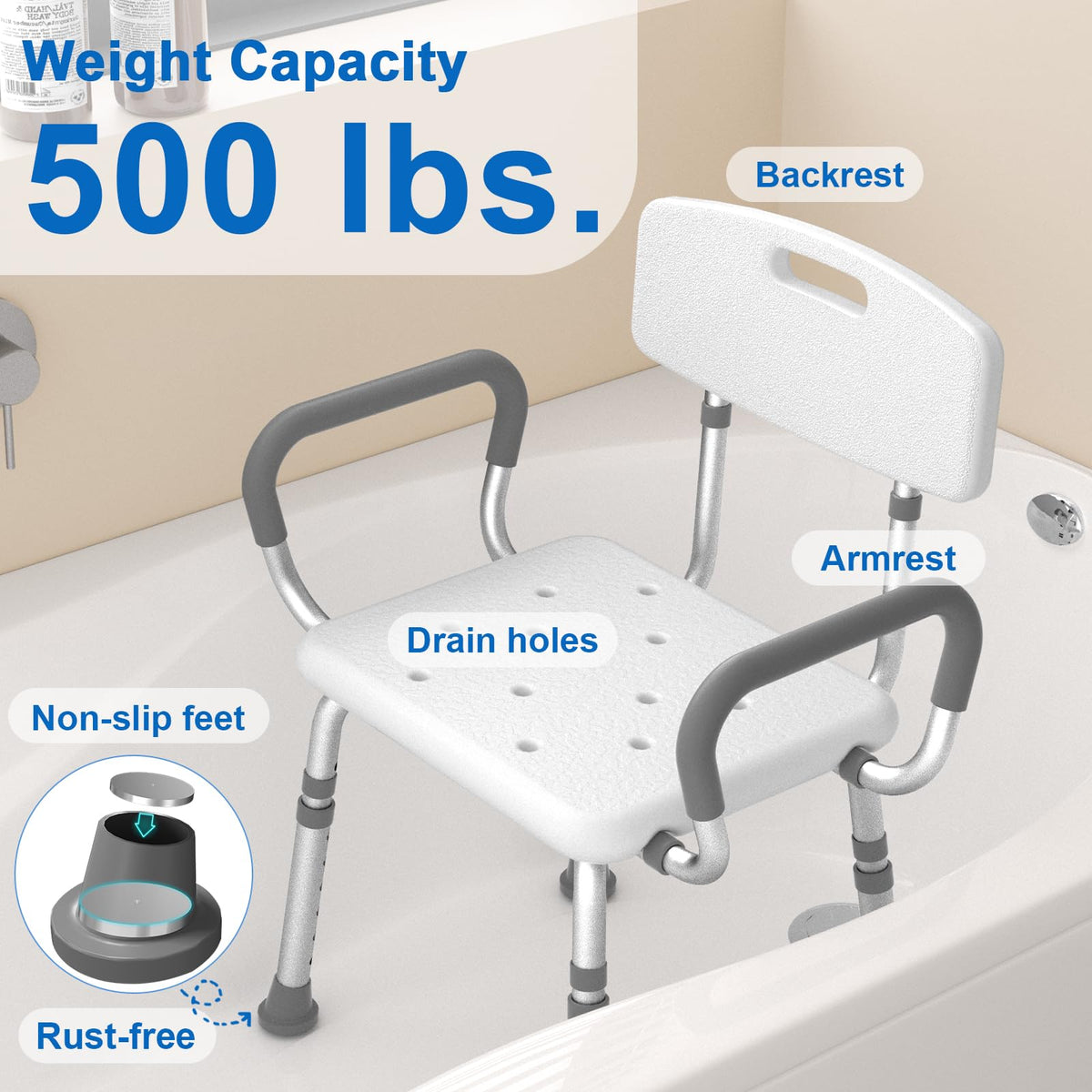 Heavy Duty Height Adjustable Shower Chair with Arms and Back P339827