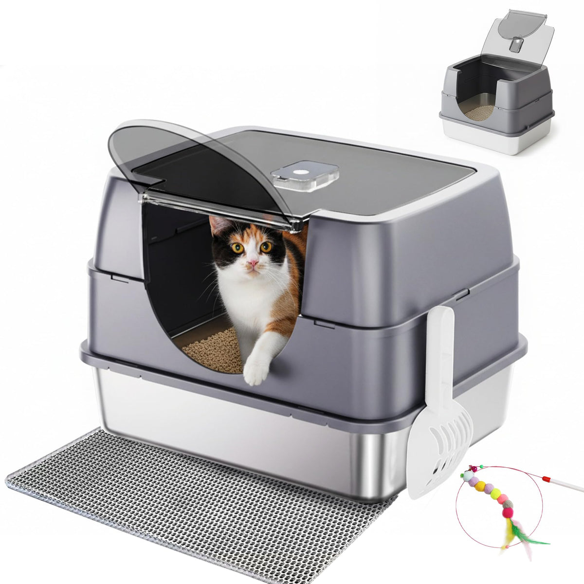 Stainless Steel Enclosed Cat Litter Box with Scoop & Mat M116443