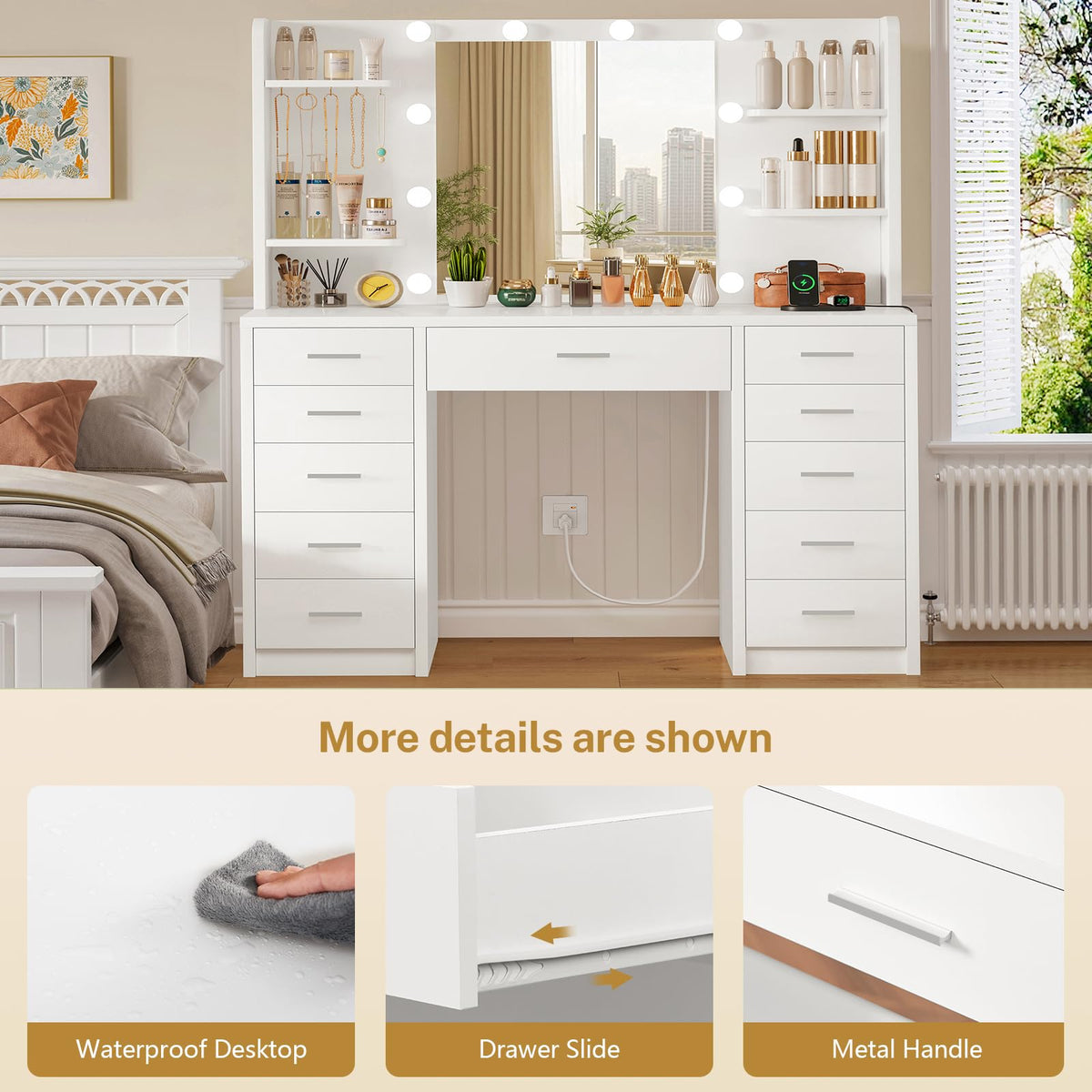 White Vanity Desk with Mirror and Lights E792076