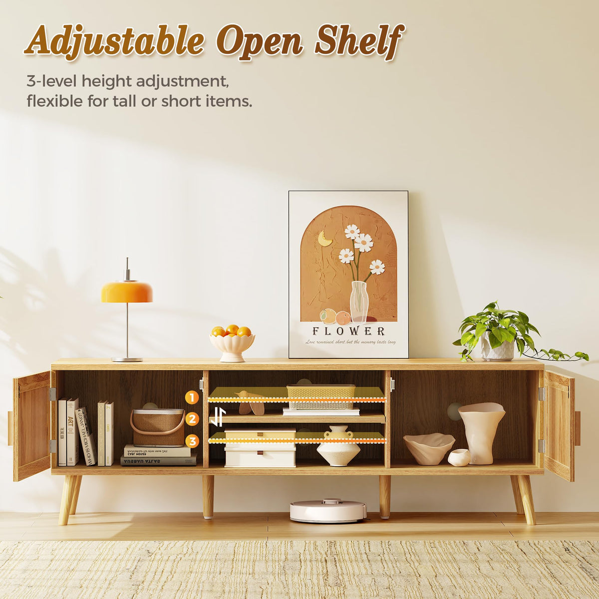 65 Inch Rattan TV Stand with Adjustable Shelf and 2 Cabinets U641319