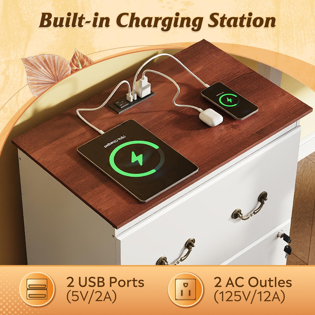 White 2 Drawer Wood File Cabinet with Charging Station and Lock O60299