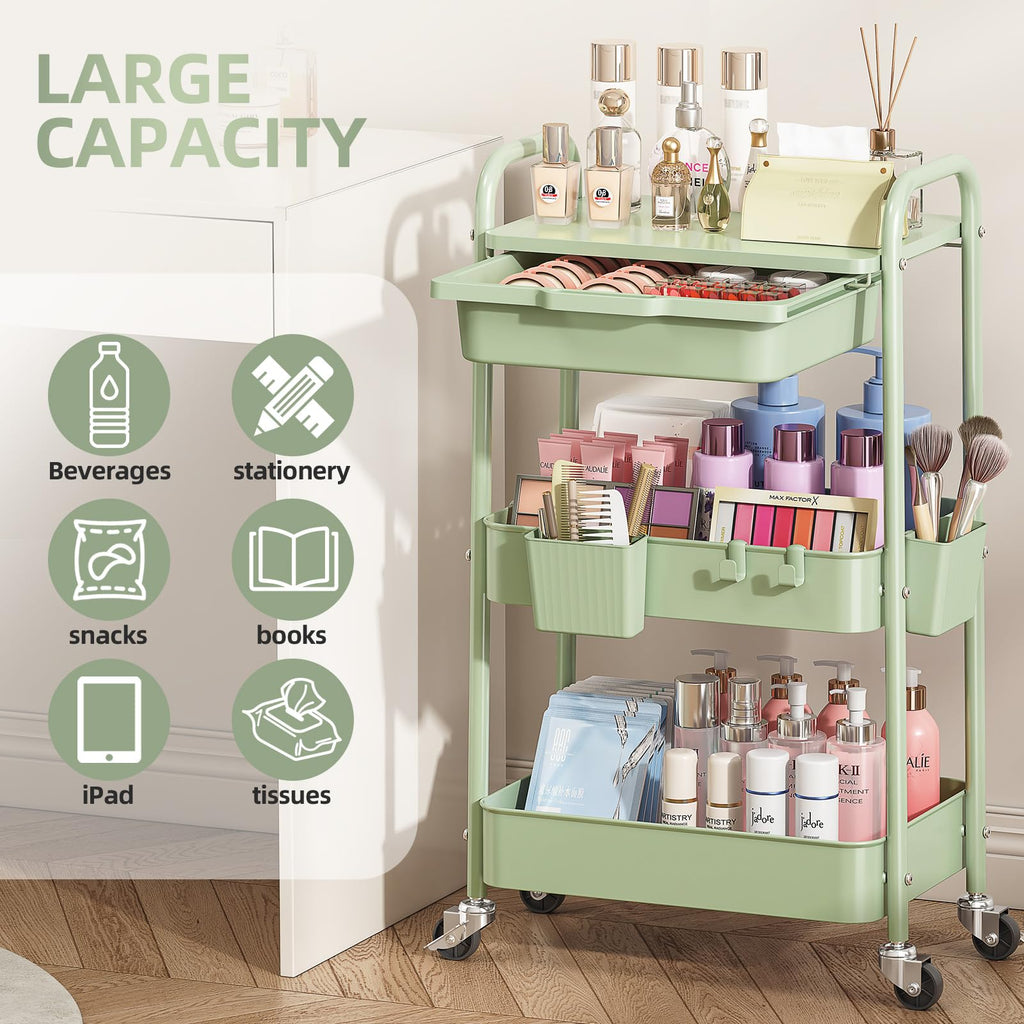3 Tier Metal Rolling Cart with Drawer W200