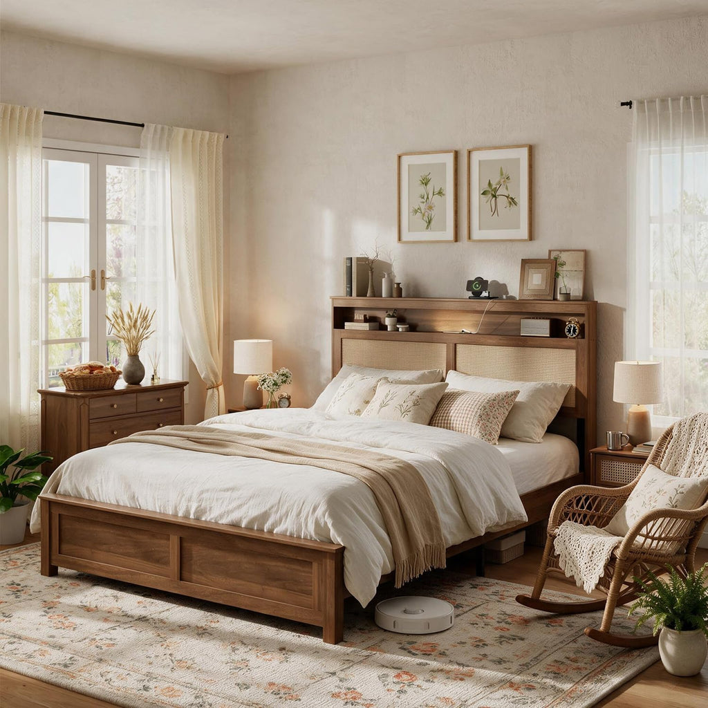 Brown Queen Wood Bed Frame with Storage Headboard D606144