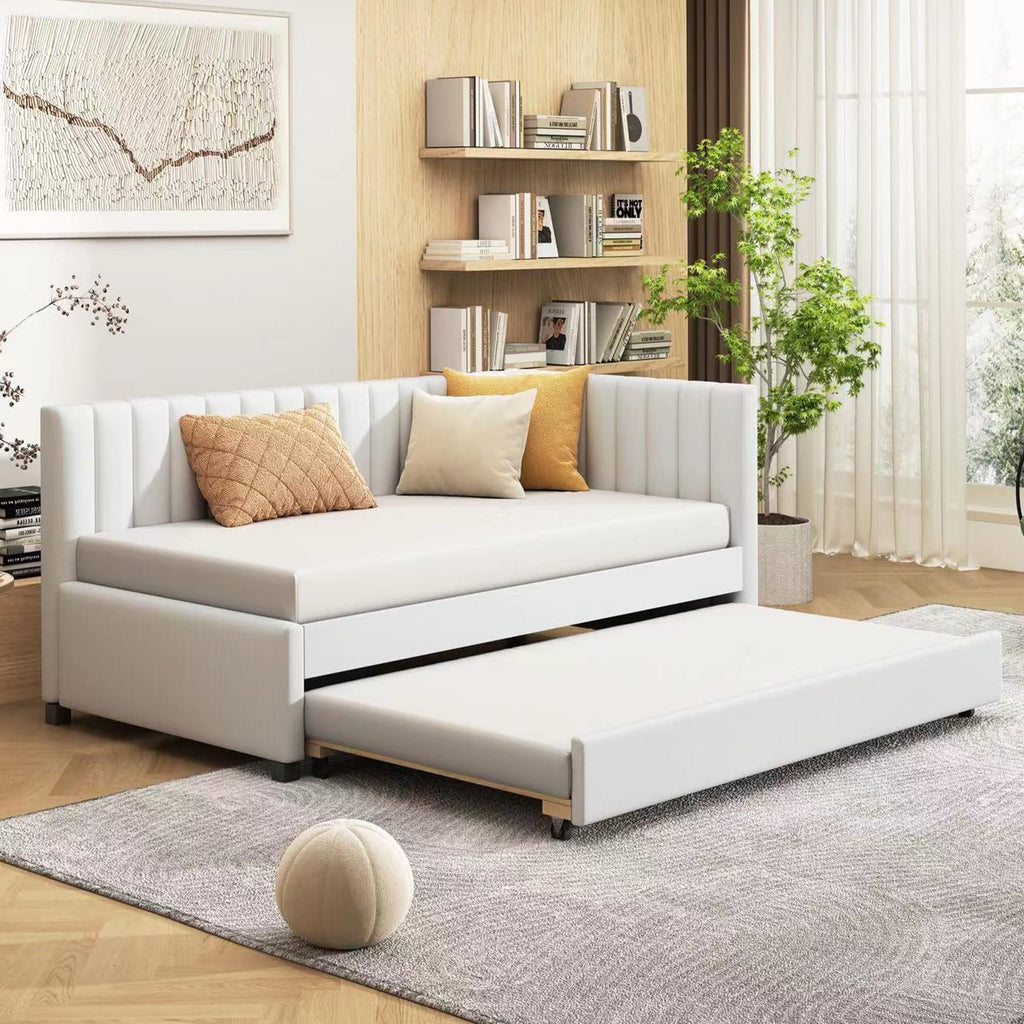 Upholstered Twin Daybed with Trundle, Linen Fabric, Beige G781