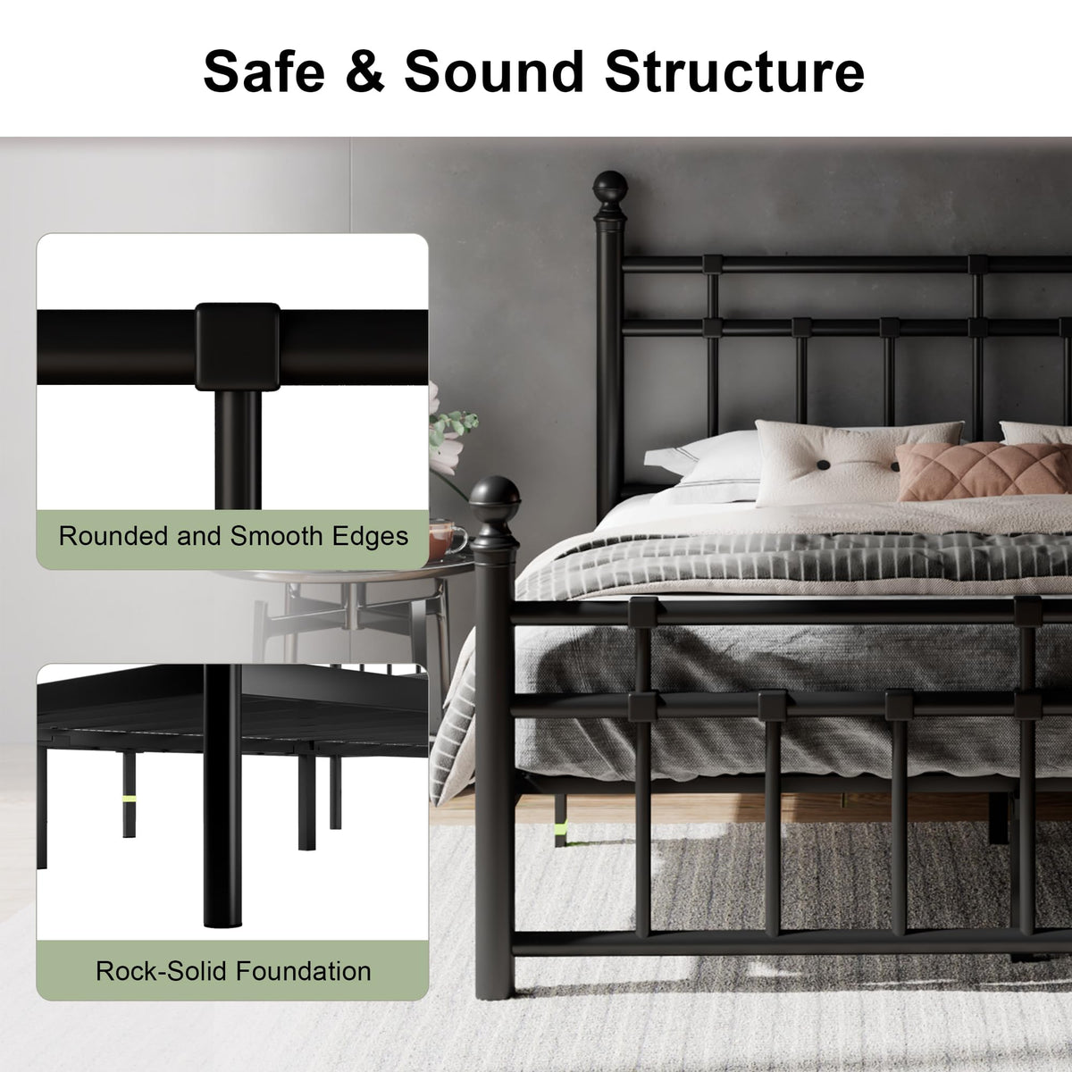 King Size Black Metal Platform Bed Frame with Headboard and Footboard C959230