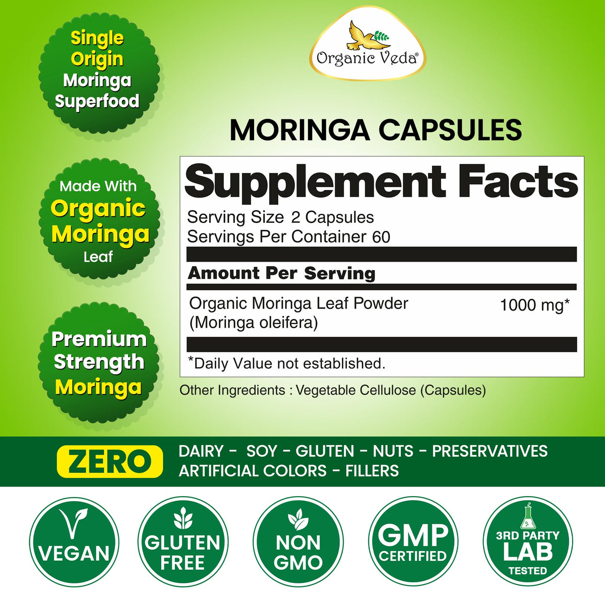 1000mg Organic Moringa Capsule 120 Vegan Capsule B179796