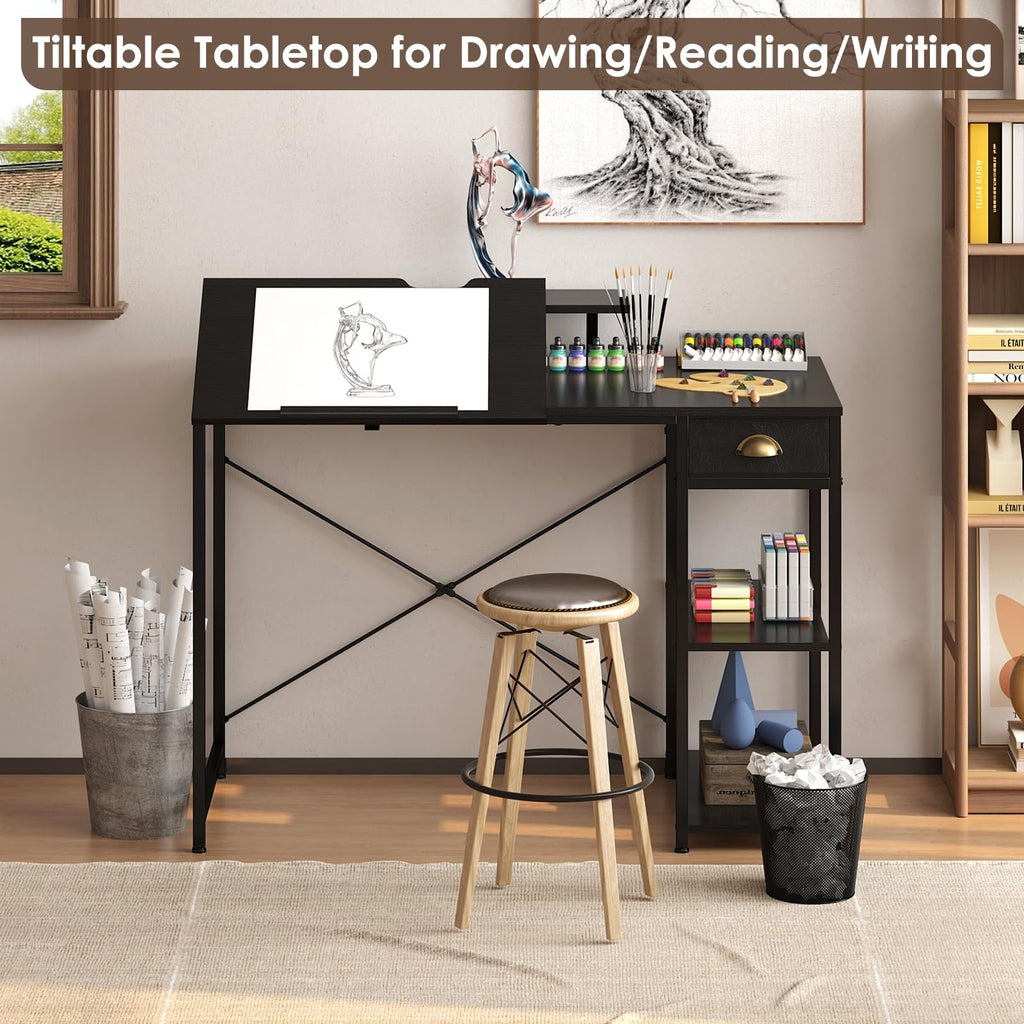 Black Adjustable Drafting Table with Storage Shelves & Drawer M32472