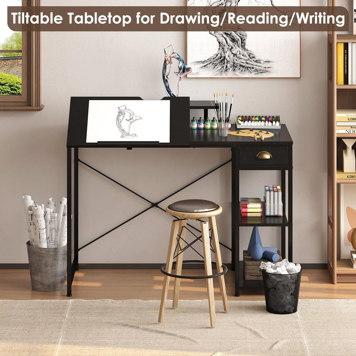 Black Adjustable Drafting Table with Storage Shelves & Drawer M32472