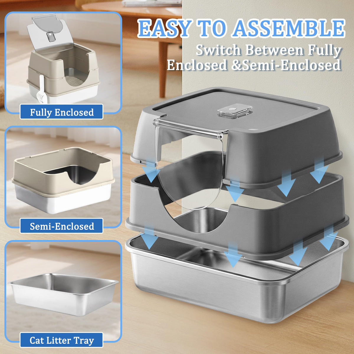 Stainless Steel Enclosed Cat Litter Box with Scoop & Mat M116443
