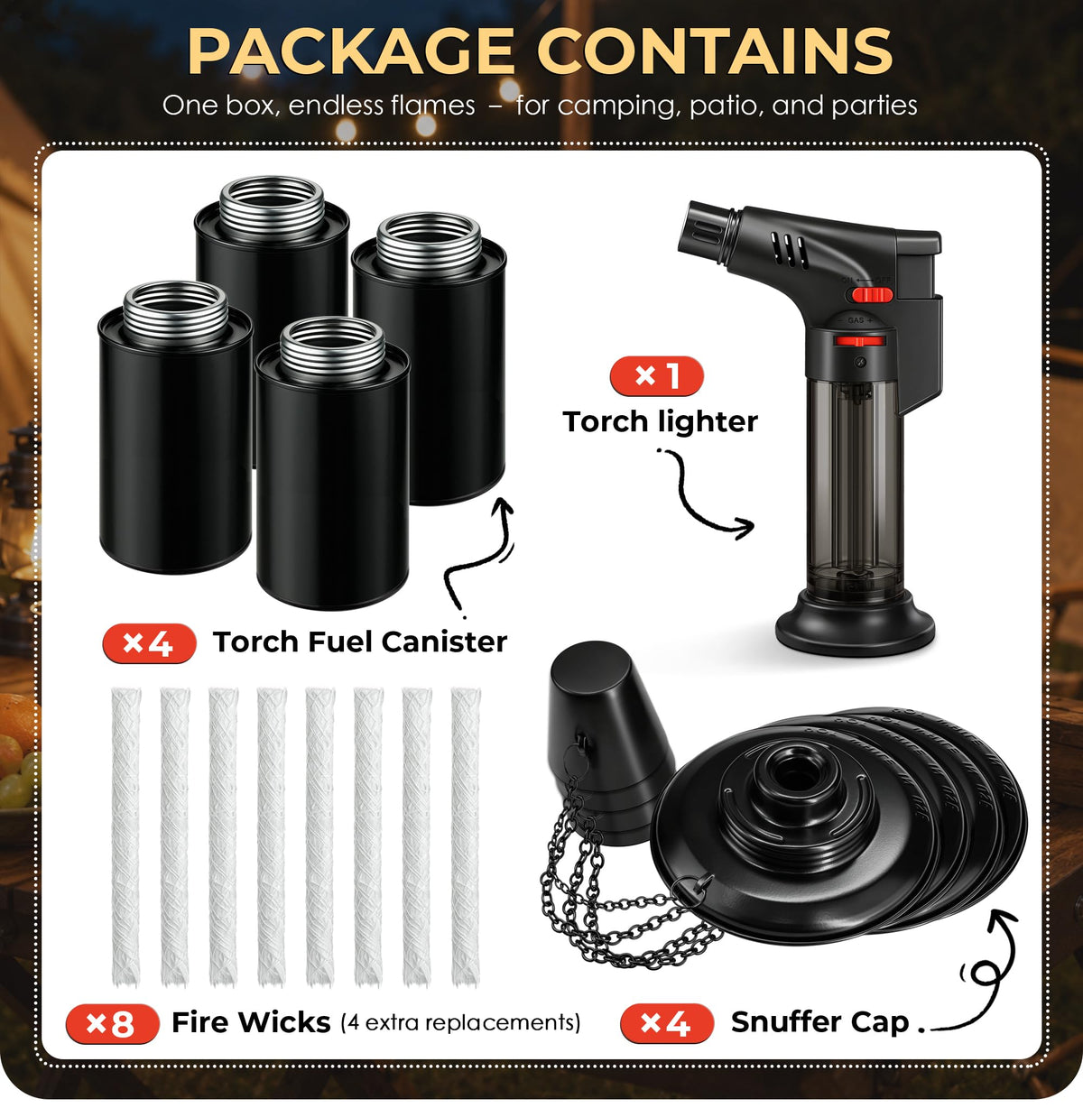 4 Pack 12oz Refillable Torch Canisters with Wicks F70107