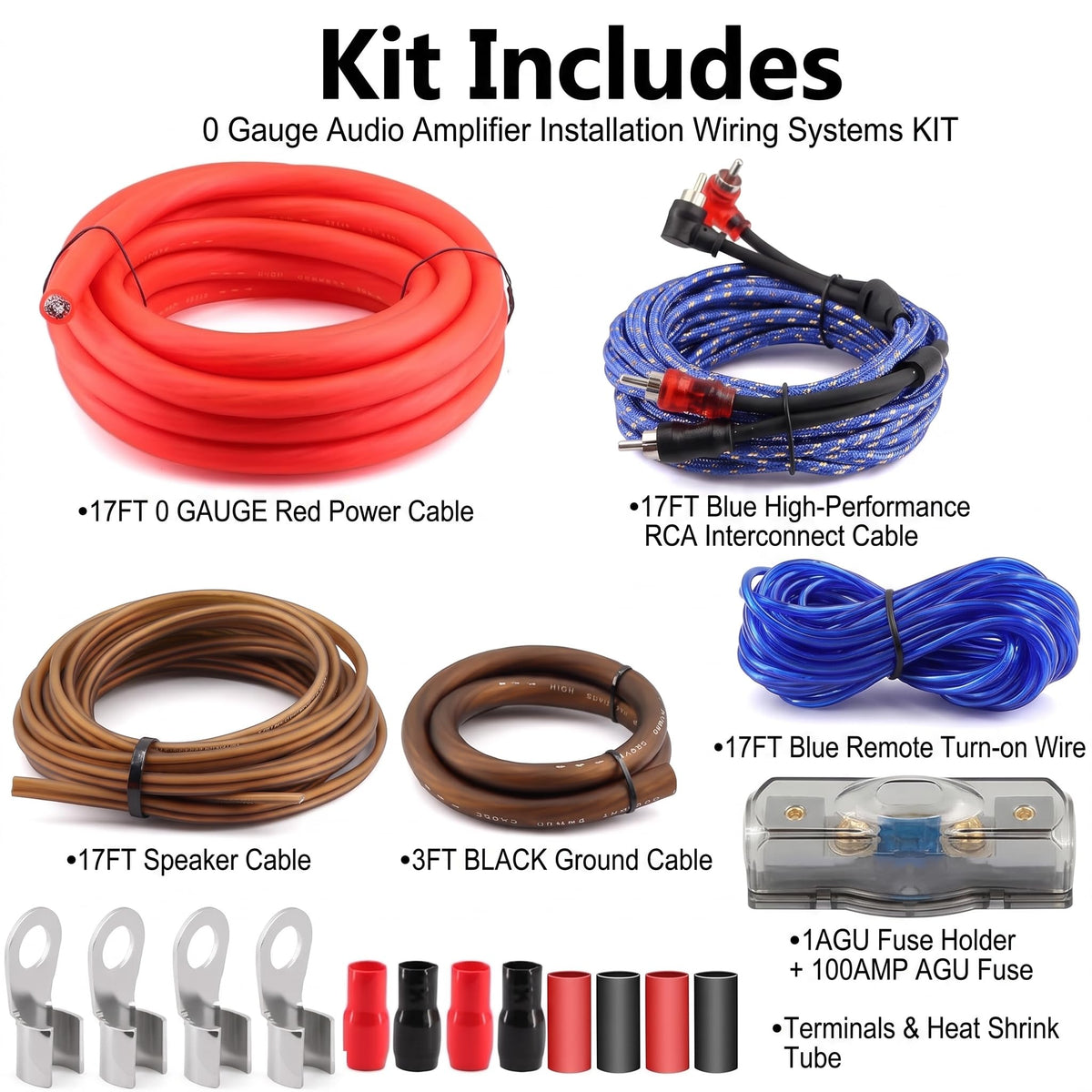 0 Gauge Amp Wiring Kit 3000W with 100A Fuse & RCA Cable S8469