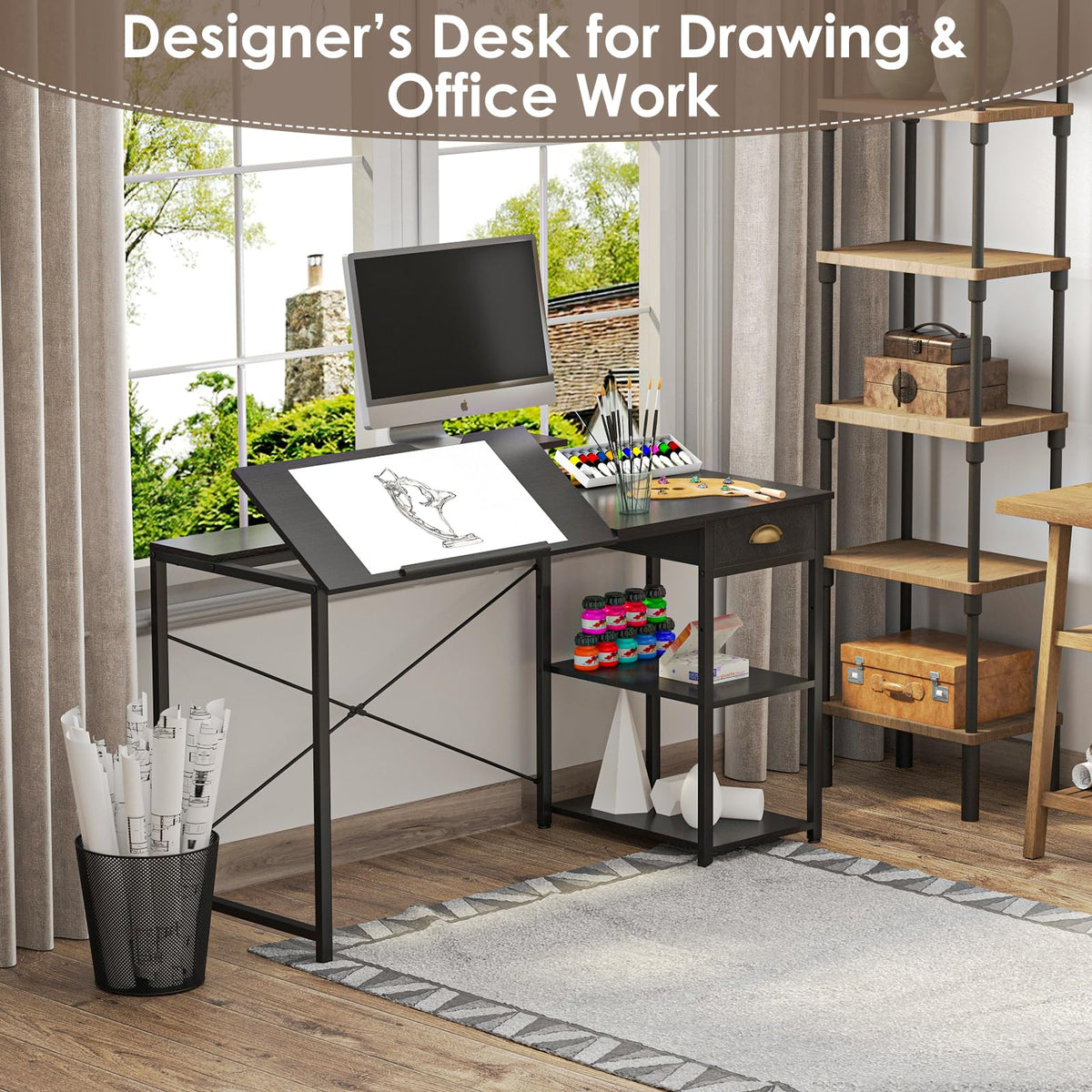 Black Adjustable Drafting Table with Storage Shelves & Drawer M32472