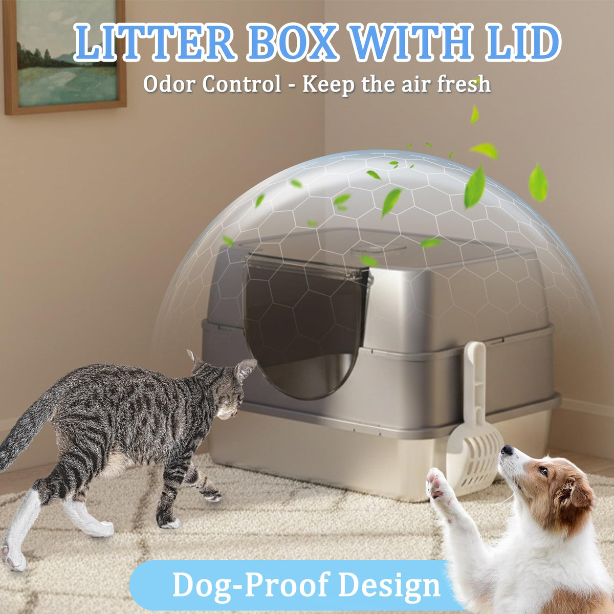 Stainless Steel Enclosed Cat Litter Box with Scoop & Mat M116443