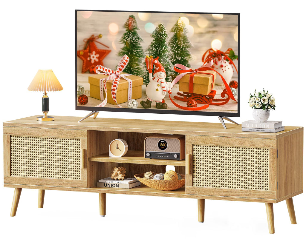 65 Inch Rattan TV Stand with Adjustable Shelf and 2 Cabinets U641319