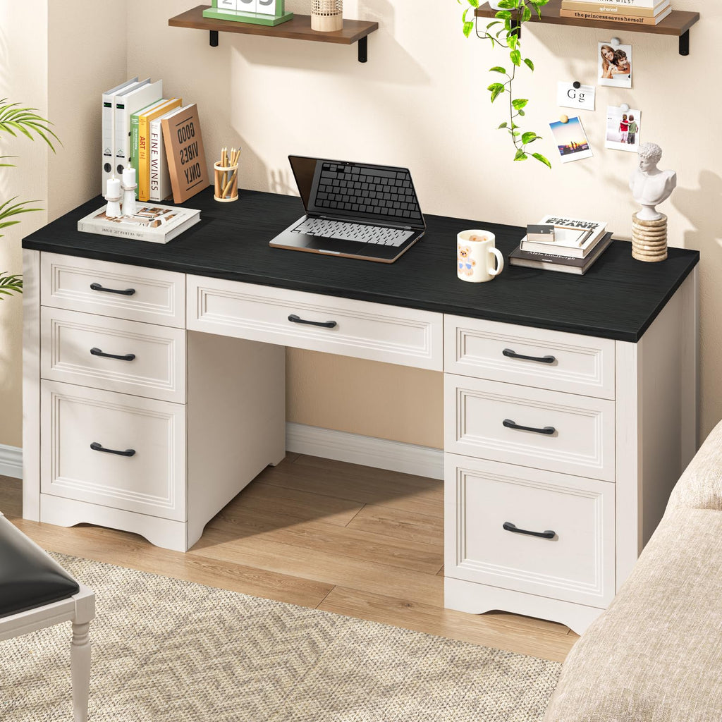 Black Wood Executive Desk with 2 File Drawers and 5 Storage Cabinets K48336