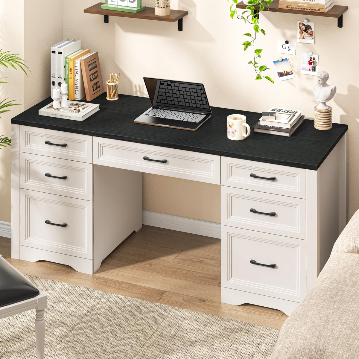 Black Wood Executive Desk with 2 File Drawers and 5 Storage Cabinets K48336