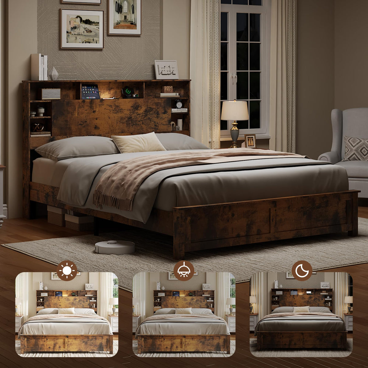 Full Size Storage Headboard Charging Station LED Platform Bed Frame G7578
