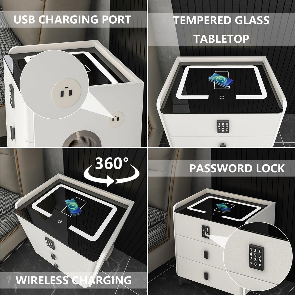 White Nightstand with Charging Station and LED Lights H586