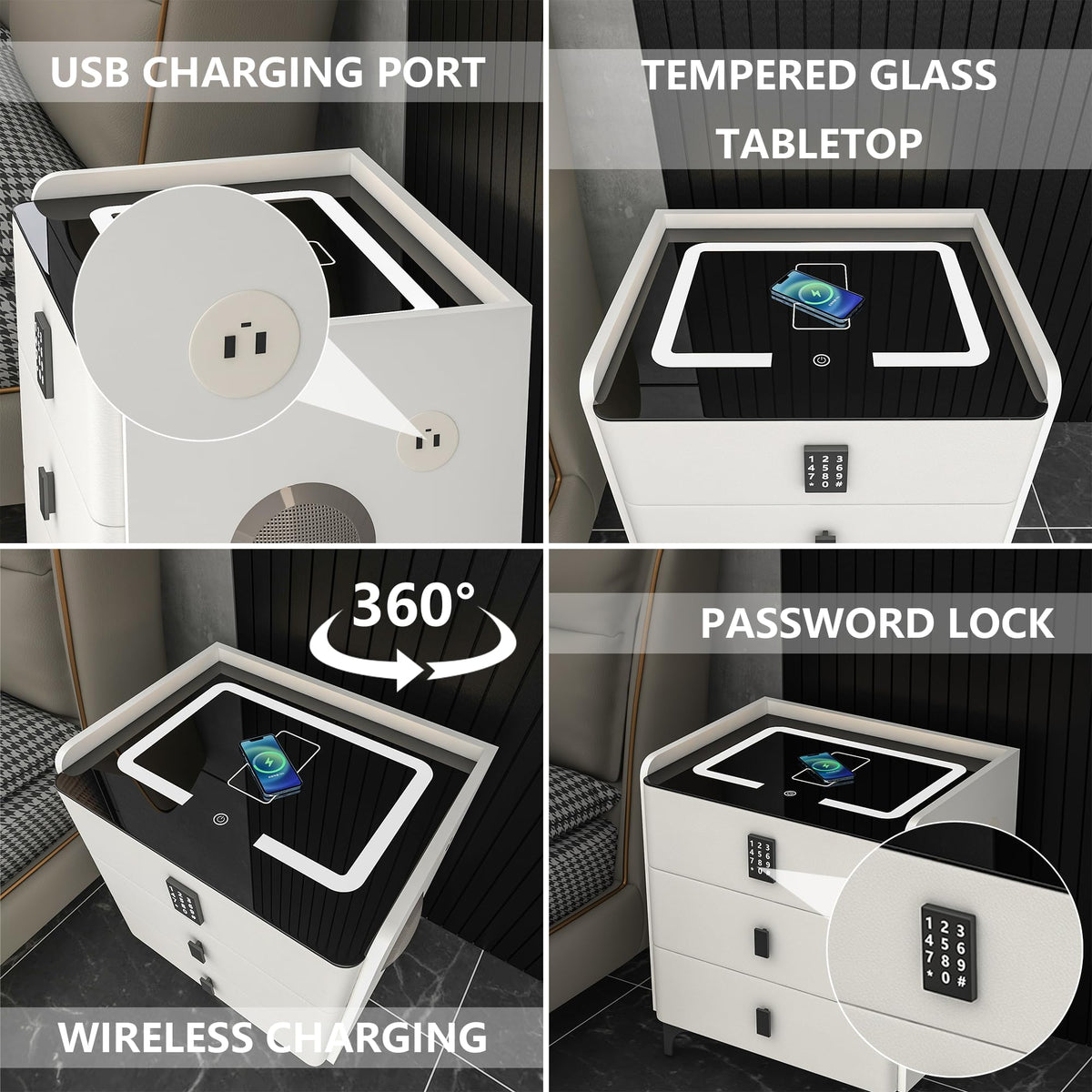 White Nightstand with Charging Station and LED Lights H586