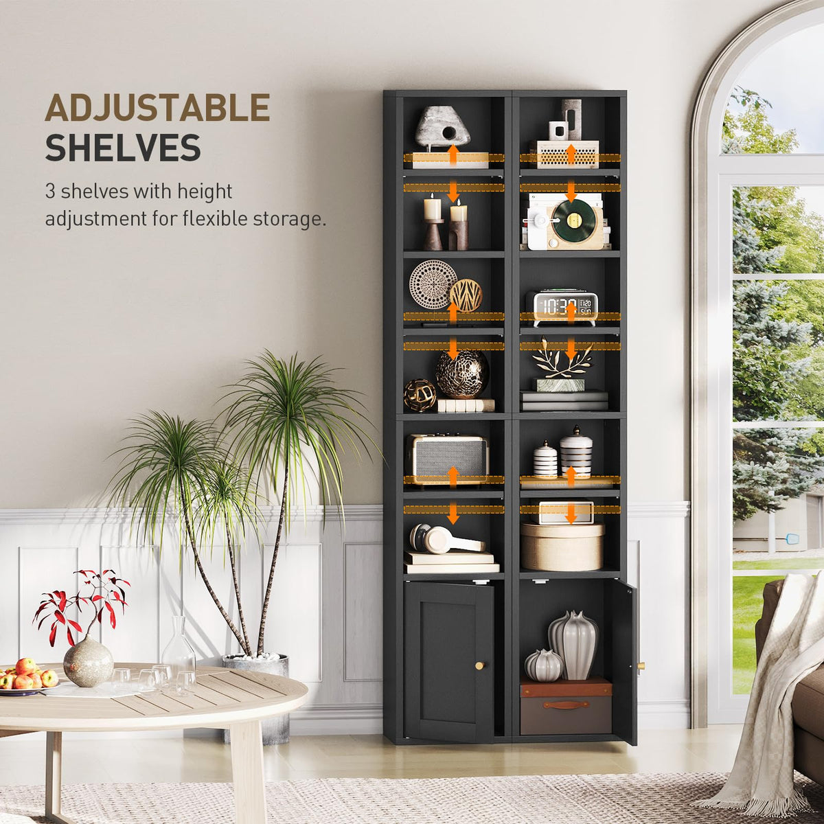 7-Tier Narrow Bookshelf with Door and Storage Cabinet, Black A32331