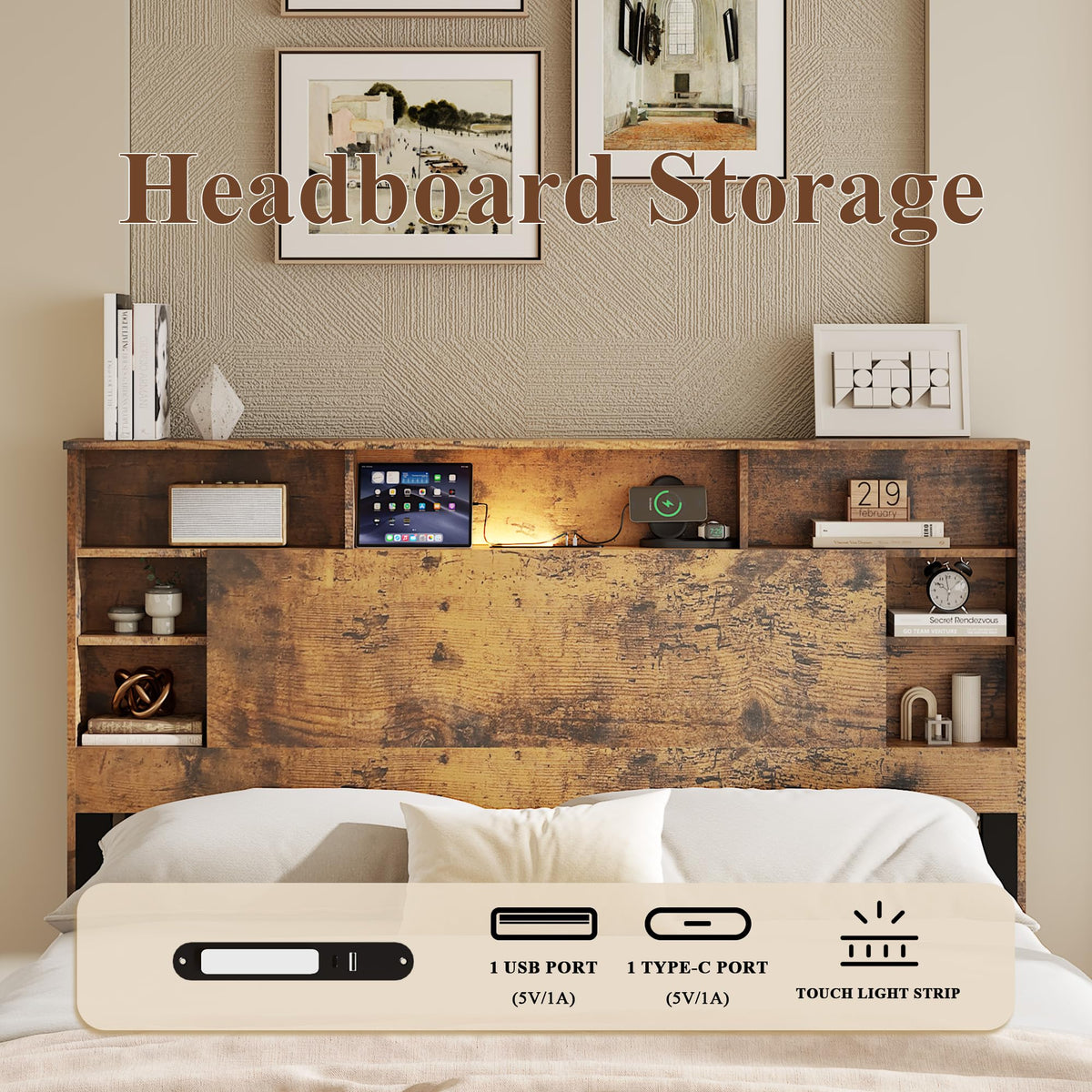 Full Size Storage Headboard Charging Station LED Platform Bed Frame G7578