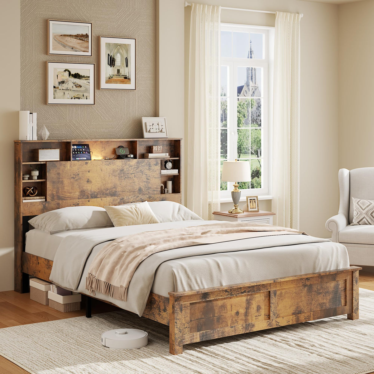 Full Size Storage Headboard Charging Station LED Platform Bed Frame G7578