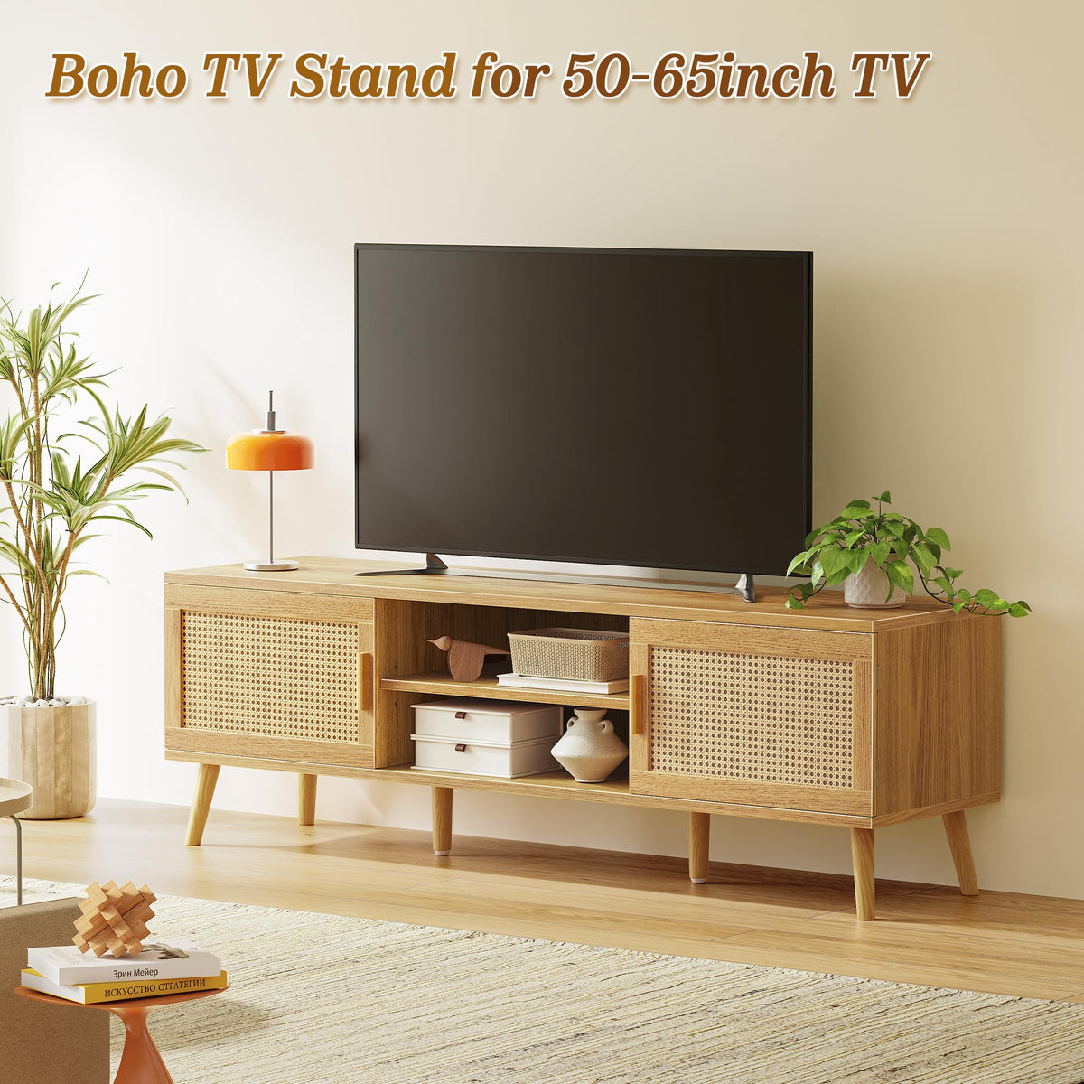 65 Inch Rattan TV Stand with Adjustable Shelf and 2 Cabinets U641319
