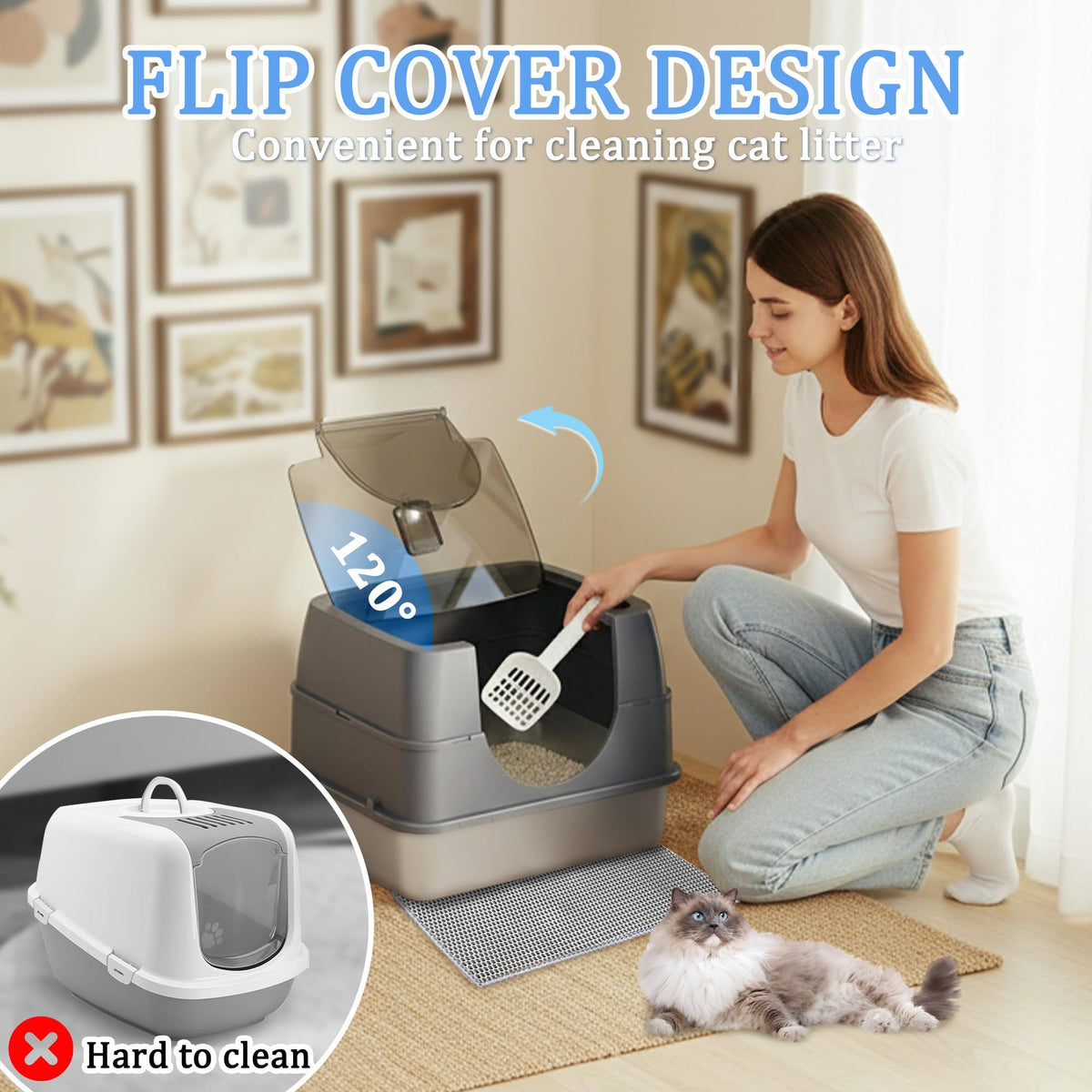 Stainless Steel Enclosed Cat Litter Box with Scoop & Mat M116443